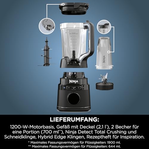 Ninja 2-in-1 Detect Power Mixer Pro, 1200W, mit Krug & Single-Serve Tassen, Schwarz