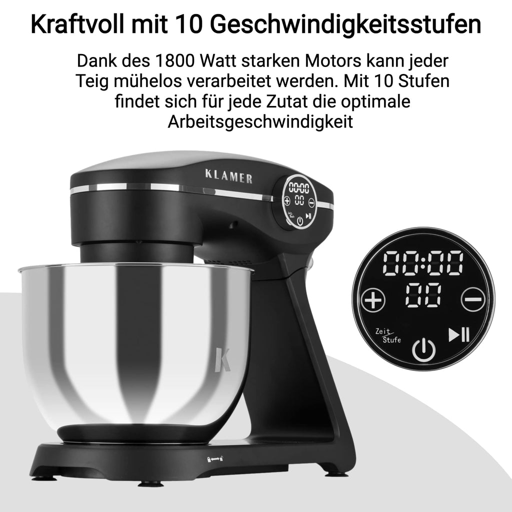 KLAMER Küchenmaschine 1800W, 6L Edelstahlschüssel, 10 Stufen, Knetmaschine, Planetensystem