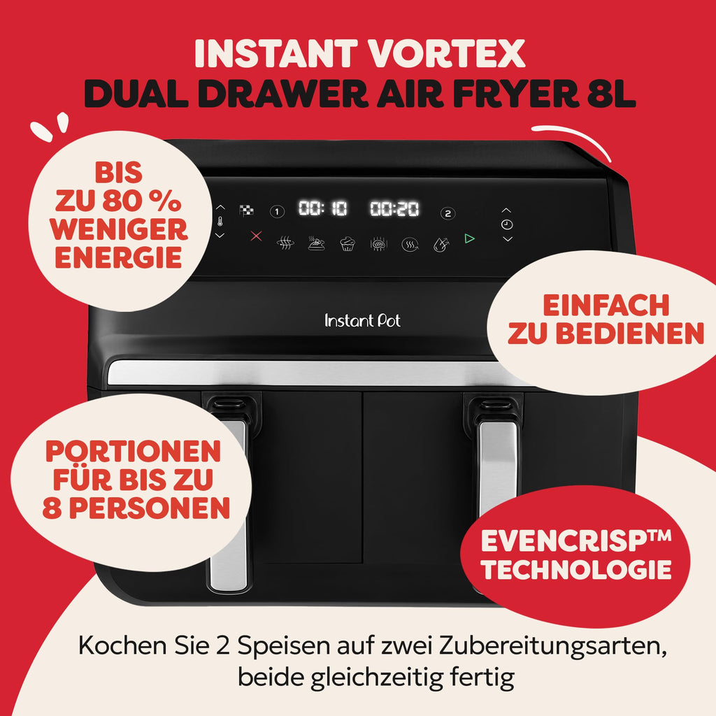 Instant Pot Vortex Dual Heißluftfritteuse, 8L, 2x 4L Körbe, 8-in-1, Familiengröße