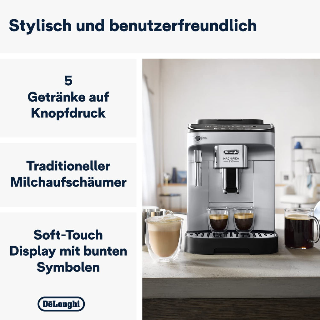 De'Longhi Magnifica Evo Kaffeevollautomat mit 5 Direktwahltasten, Silber/Schwarz