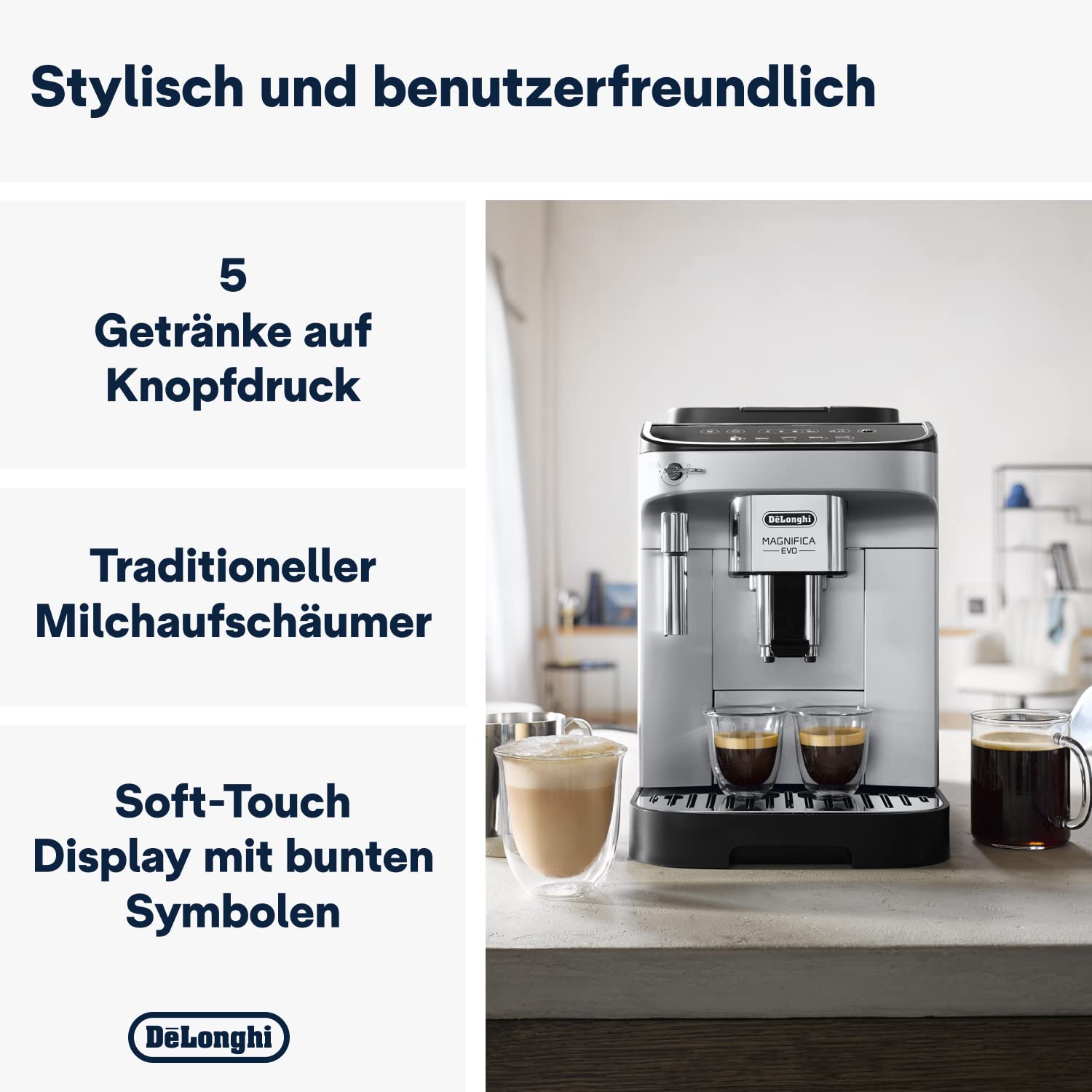 De'Longhi Magnifica Evo Kaffeevollautomat mit 5 Direktwahltasten, Silber/Schwarz