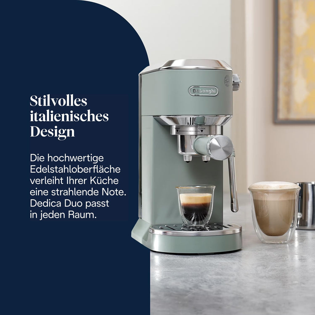 De'Longhi Dedica Duo Siebträger für Espresso & Cold Brew, Milchaufschäumer, Grün