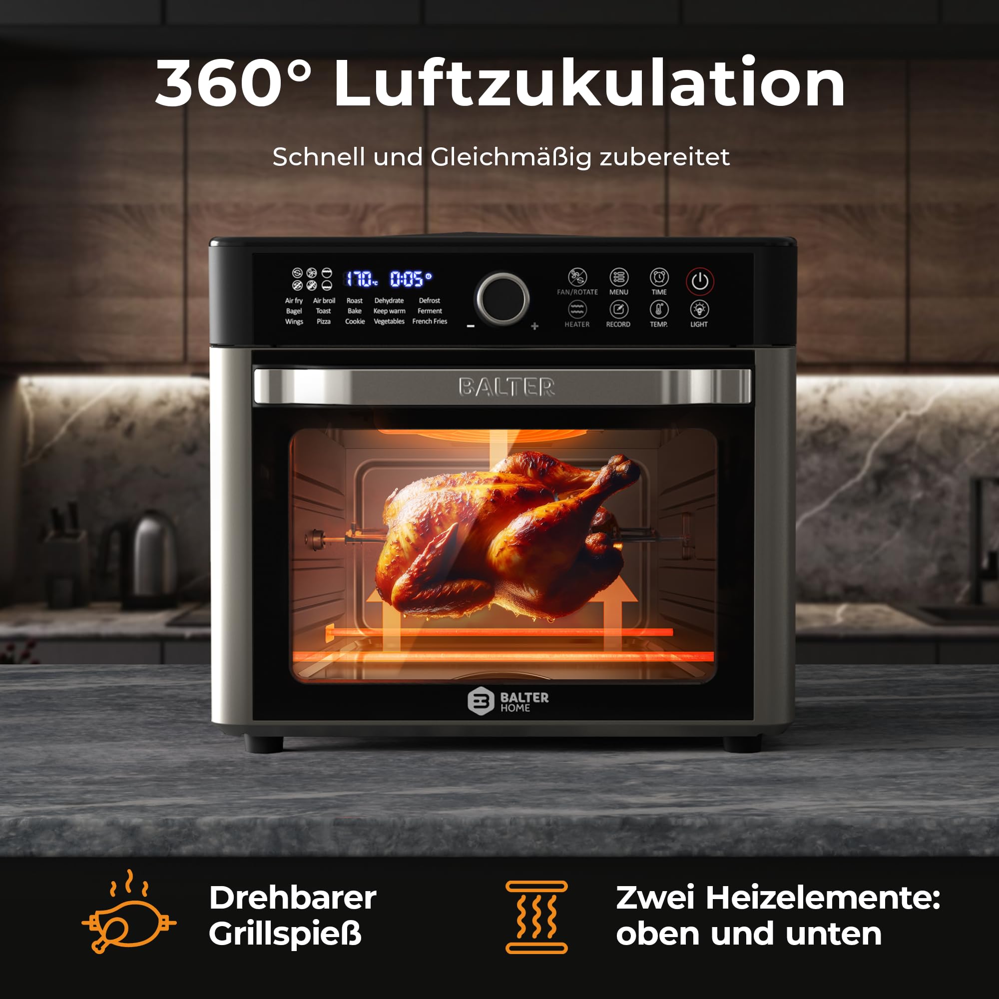 Balter XXL 22L Heißluftfritteuse, 200 Programme, 16-in-1, 1800W