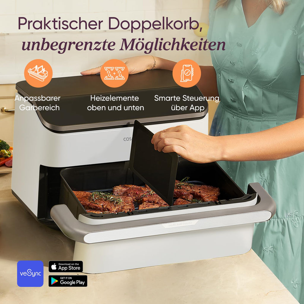 COSORI Dual Blaze Heißluftfritteuse, 2 Kammern, 10L, 4 Heizstäbe, Cremeweiß