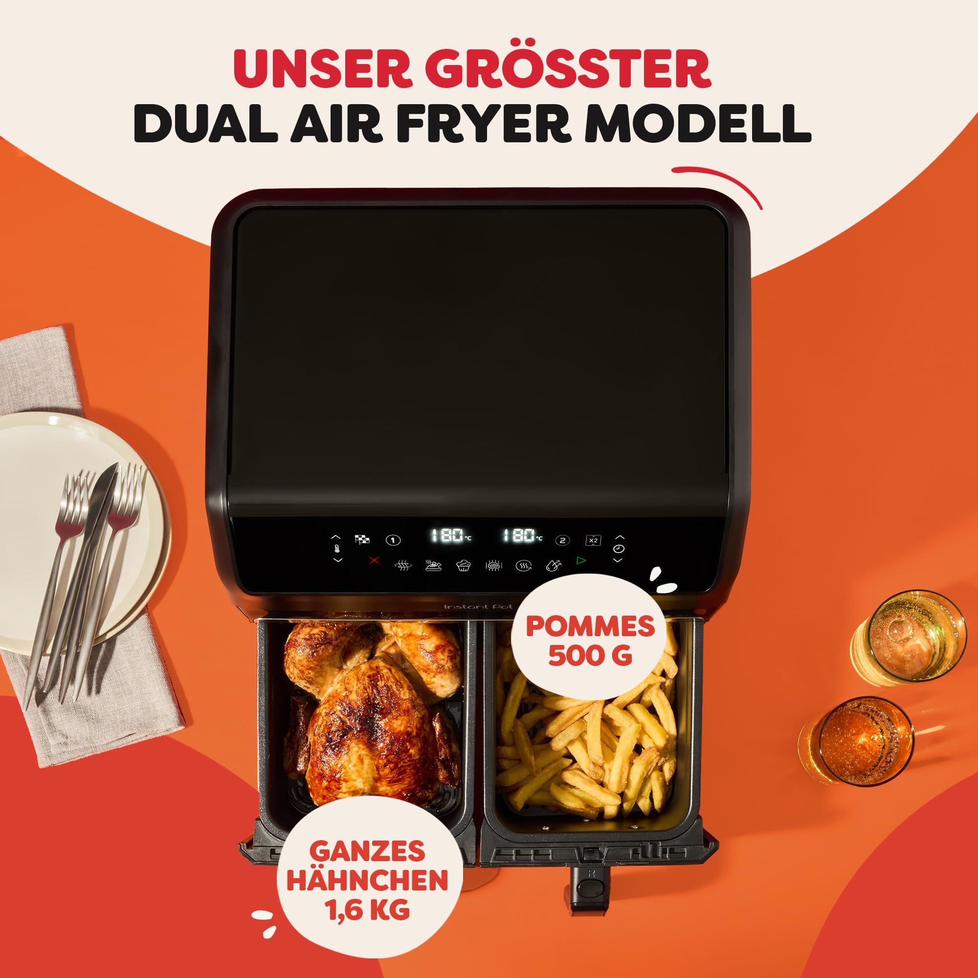 Instant Pot Vortex Dual Heißluftfritteuse, 8L, 2x 4L Körbe, 8-in-1, Familiengröße