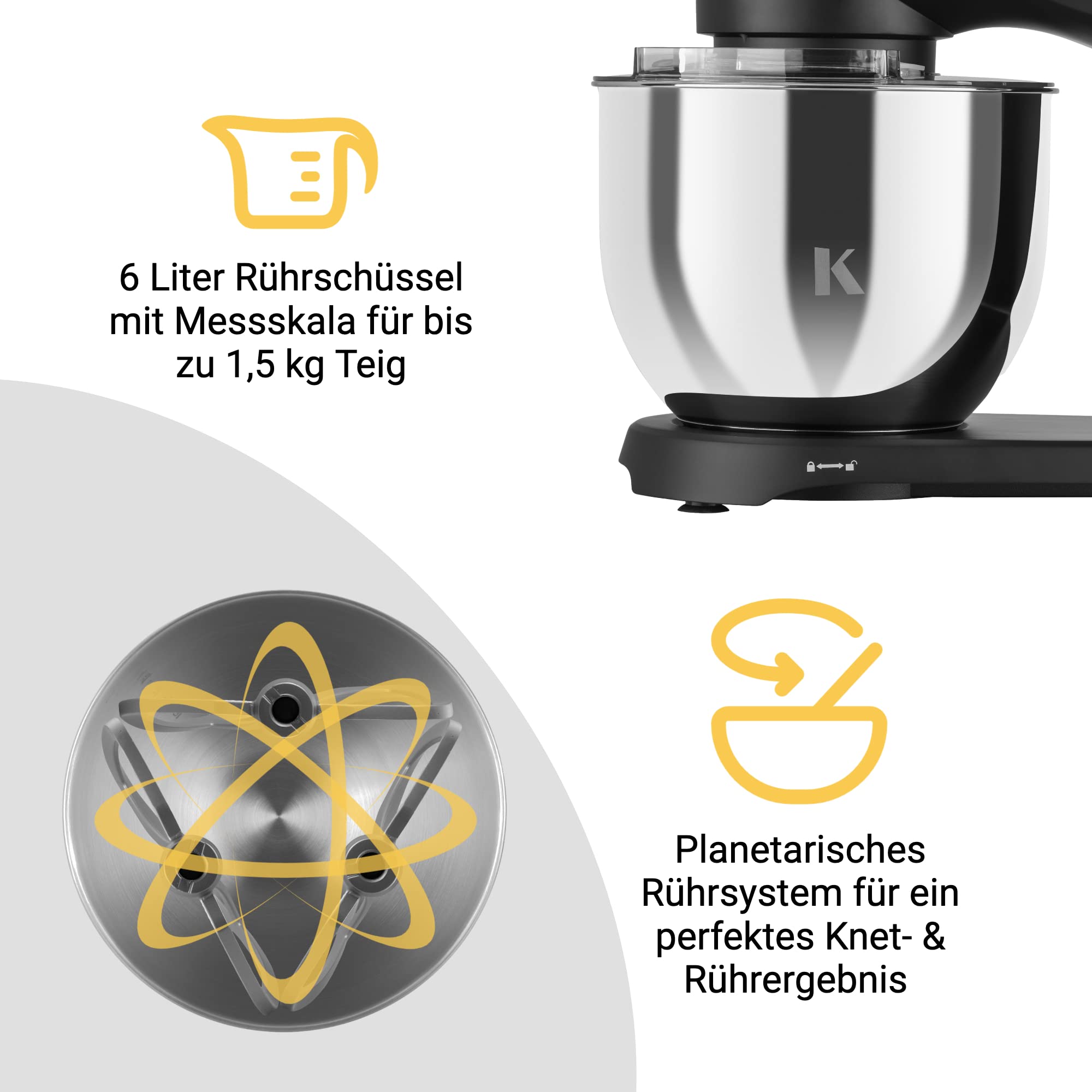 KLAMER Küchenmaschine 1800W, 6L Edelstahlschüssel, 10 Stufen, Knetmaschine, Planetensystem