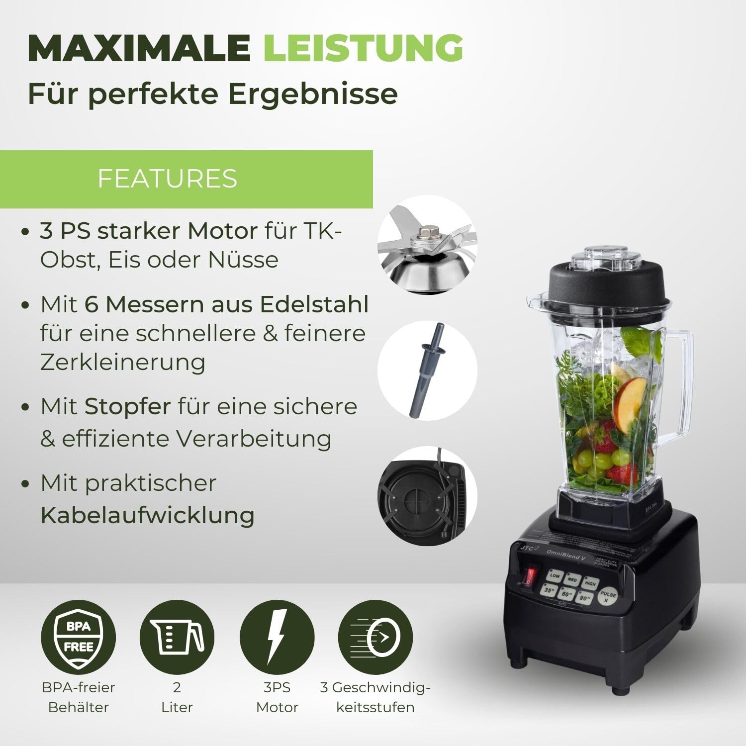 OmniBlend Smoothie Maker, 2L, 6-Klingen-System, 3 PS Motor, für grüne Smoothies, Schwarz