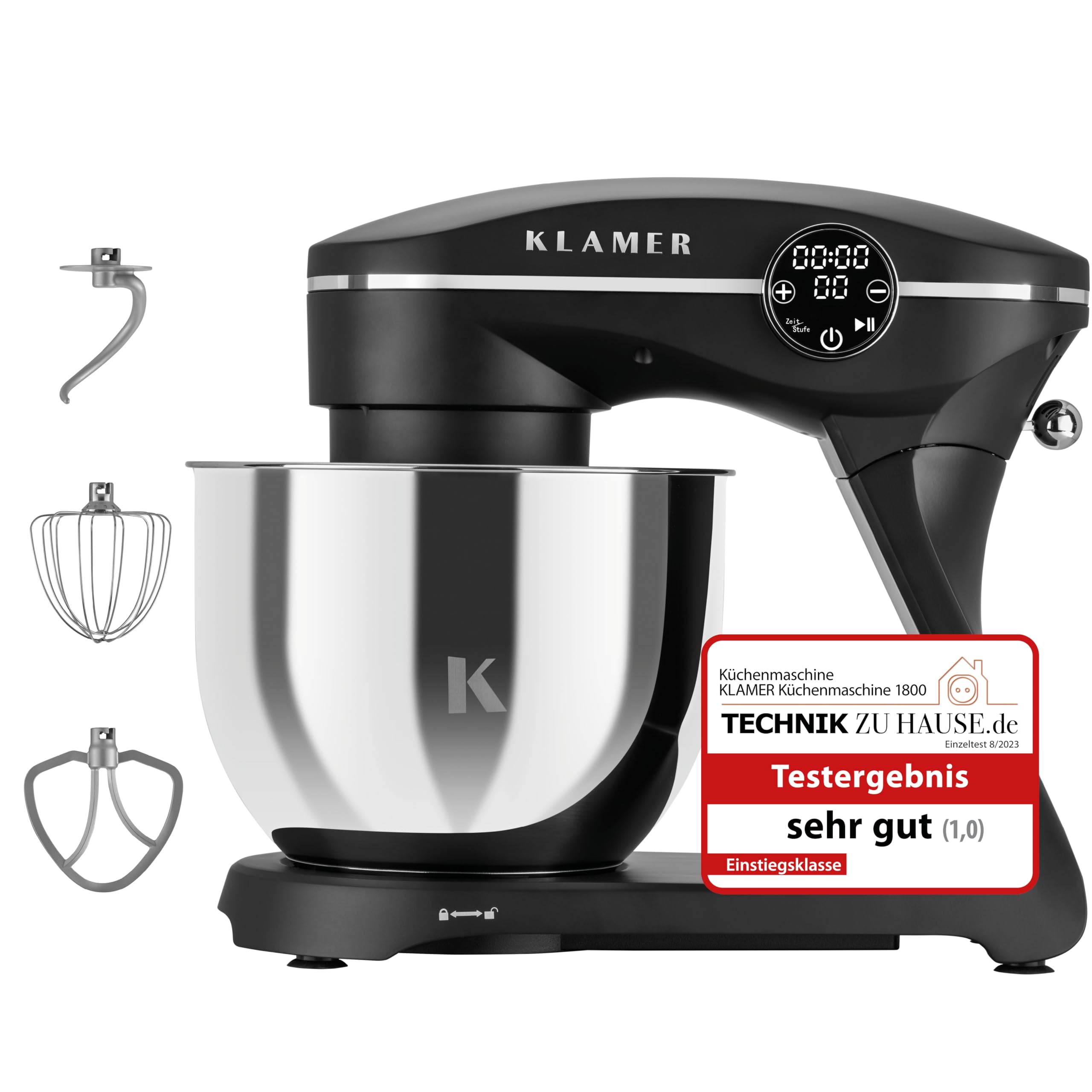 KLAMER Küchenmaschine 1800W, 6L Edelstahlschüssel, 10 Stufen, Knetmaschine, Planetensystem