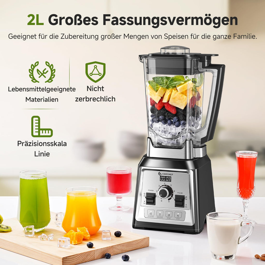 AMZCHEF Standmixer 2000W, 2L, 8 Geschwindigkeiten, für Ice Crushing & Smoothies, BPA-frei