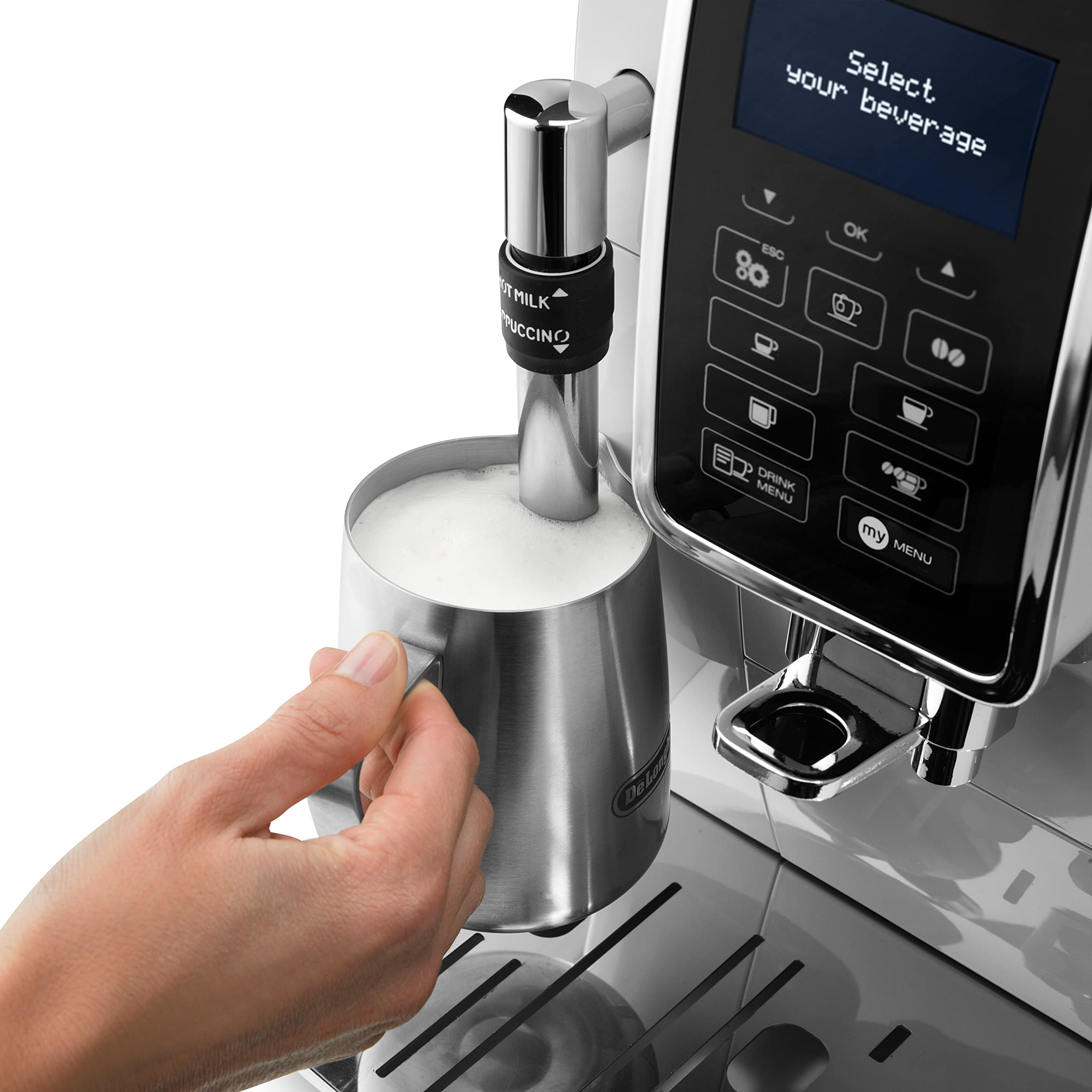 De'Longhi Dinamica Kaffeevollautomat mit Milchdüse und Display, Silber
