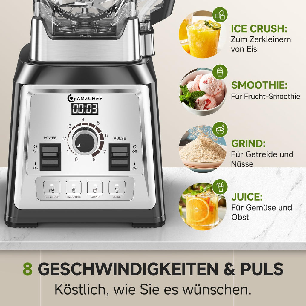 AMZCHEF Standmixer 2000W, 2L, 8 Geschwindigkeiten, für Ice Crushing & Smoothies, BPA-frei