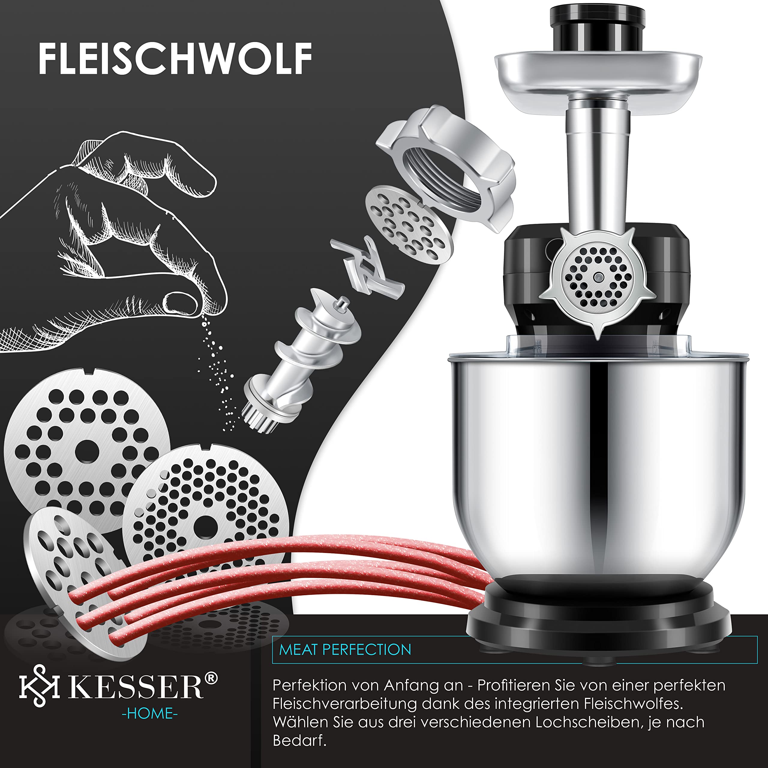 KESSER 3-in-1 Küchenmaschine, 5,5L, mit Fleischwolf & Entsafter, Pastaformen, Zubehör-Set