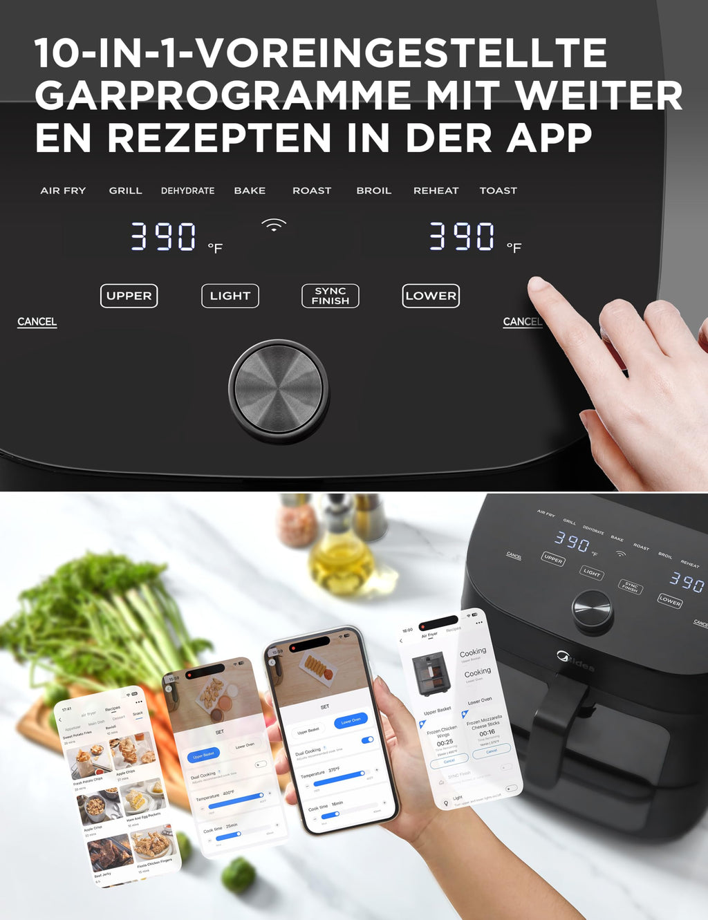 Midea Double Stack Heißluftfritteuse, 11L, WLAN & Alexa, 10-in-1, platzsparend, 2400W