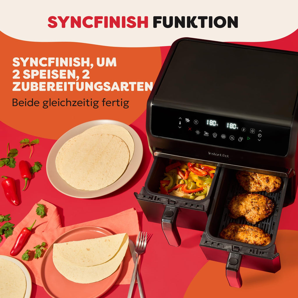 Instant Pot Vortex Dual Heißluftfritteuse, 8L, 2x 4L Körbe, 8-in-1, Familiengröße