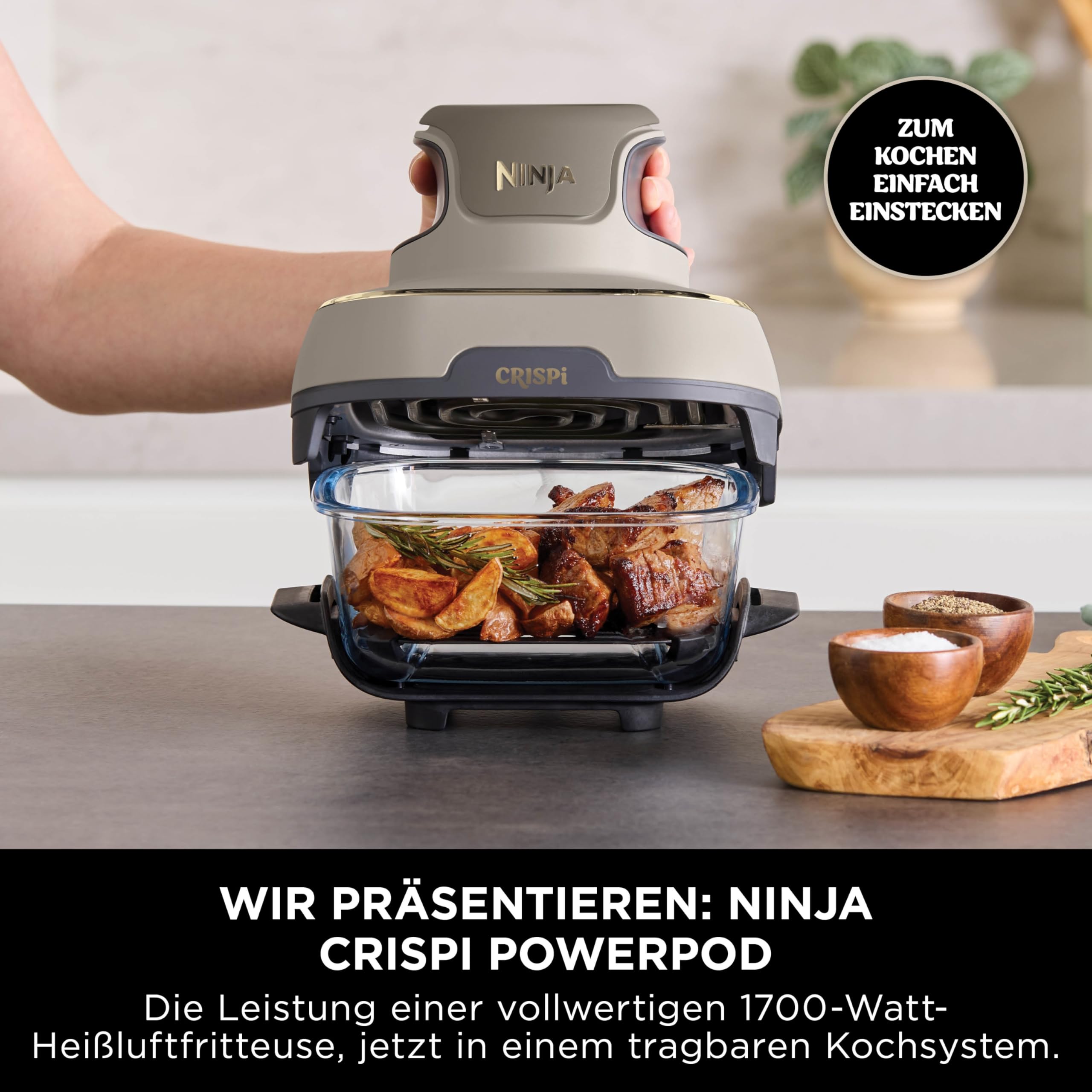 Ninja CRISPi Tragbare Heißluftfritteuse, 3,8L, 2 Glas-Behälter, 4-in-1