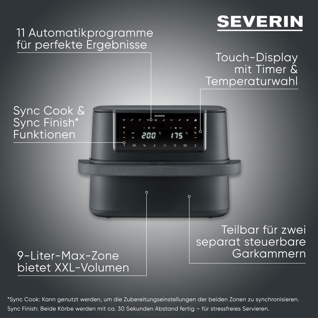 Severin Max Zone Flex Heißluftfritteuse, 9L, 2 Garzonen, 10 Programme, Dörrfunktion, 2600W