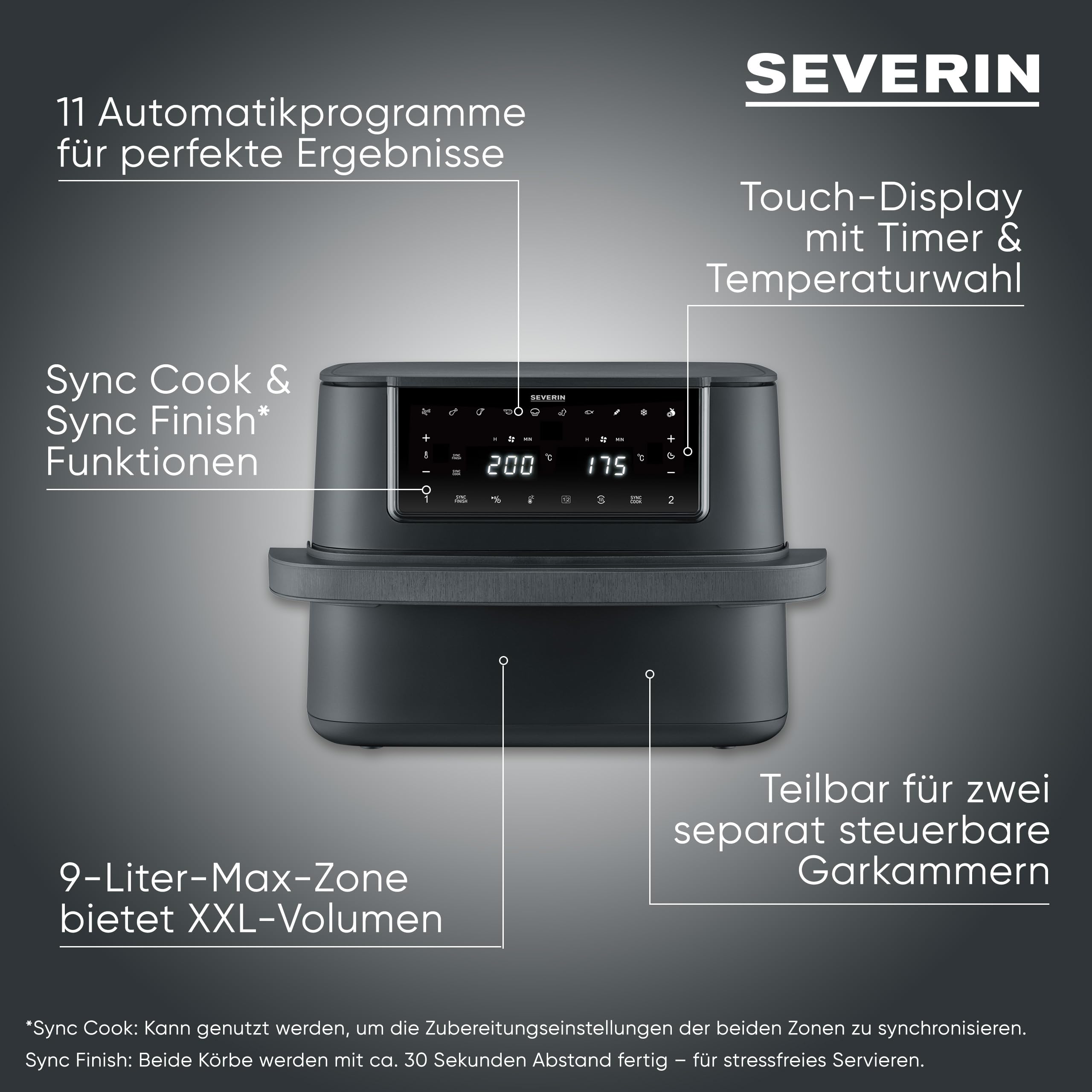 Severin Max Zone Flex Heißluftfritteuse, 9L, 2 Garzonen, 10 Programme, Dörrfunktion, 2600W