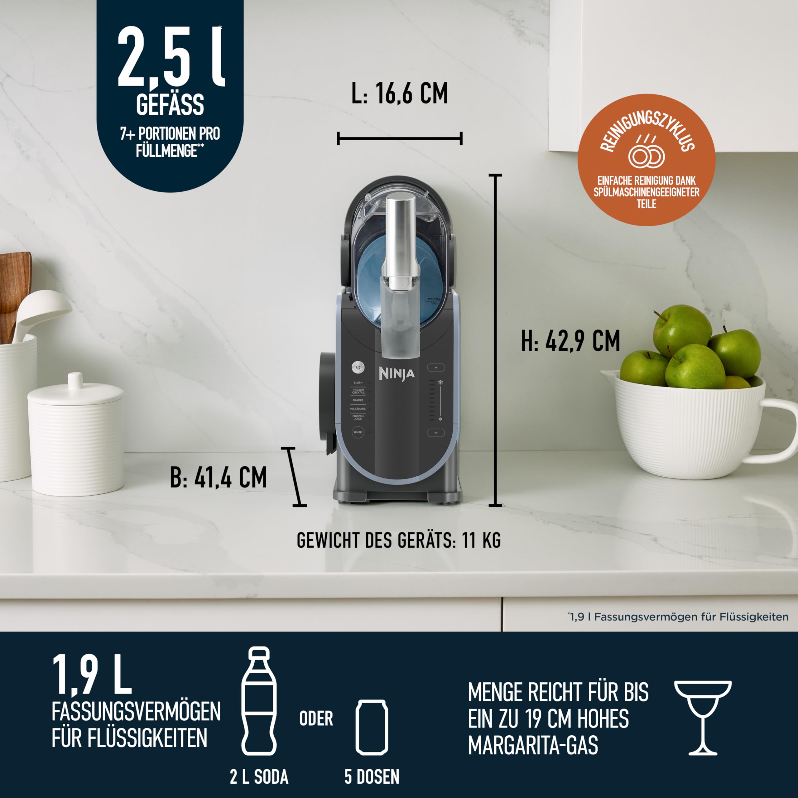 Ninja SLUSHi Maschine, für Slush, Cocktails, Milchshakes, 1,9L, ohne Eis, Blau/Grau