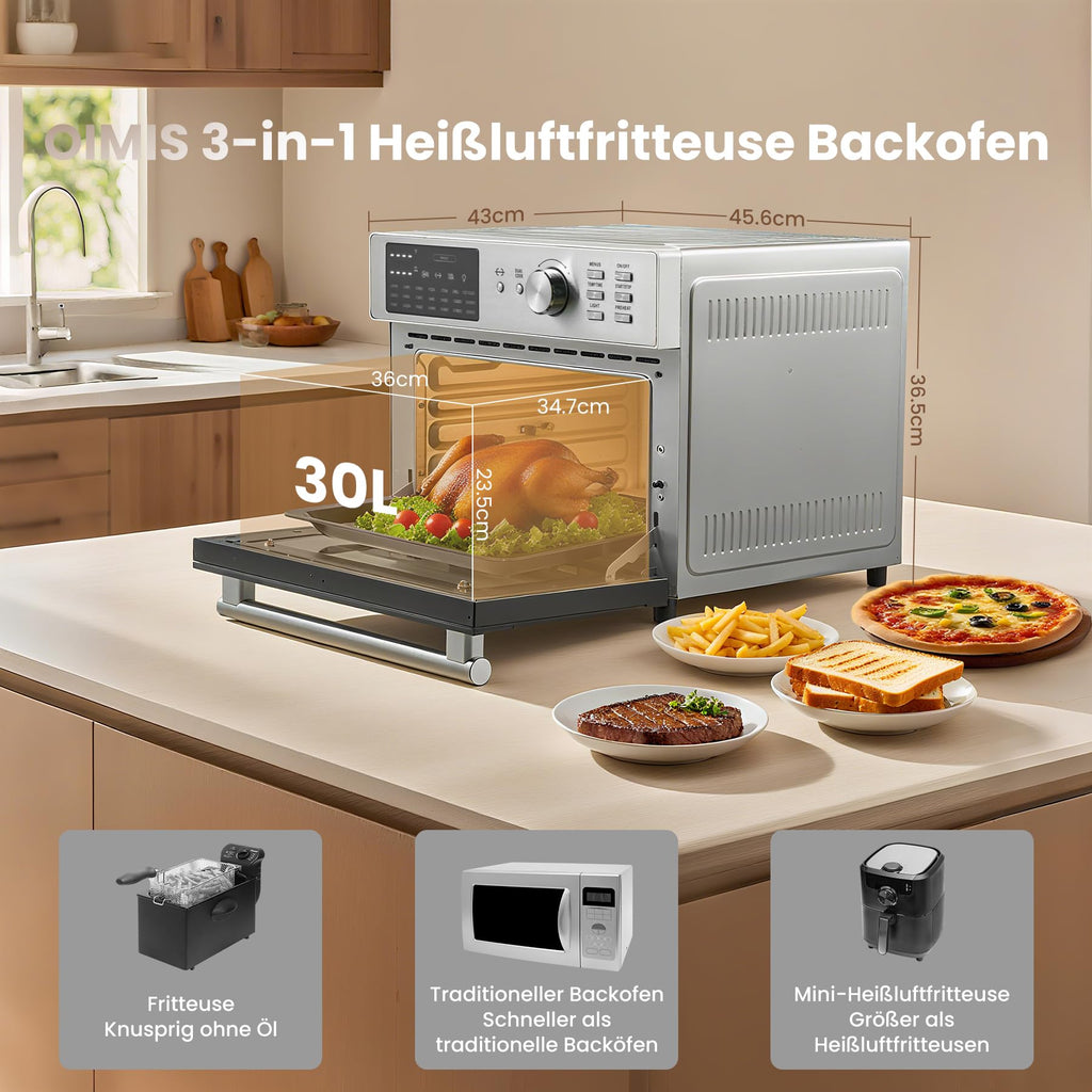OIMIS 30L Heißluftfritteuse & Backofen, 21-in-1, 1800W, Edelstahl