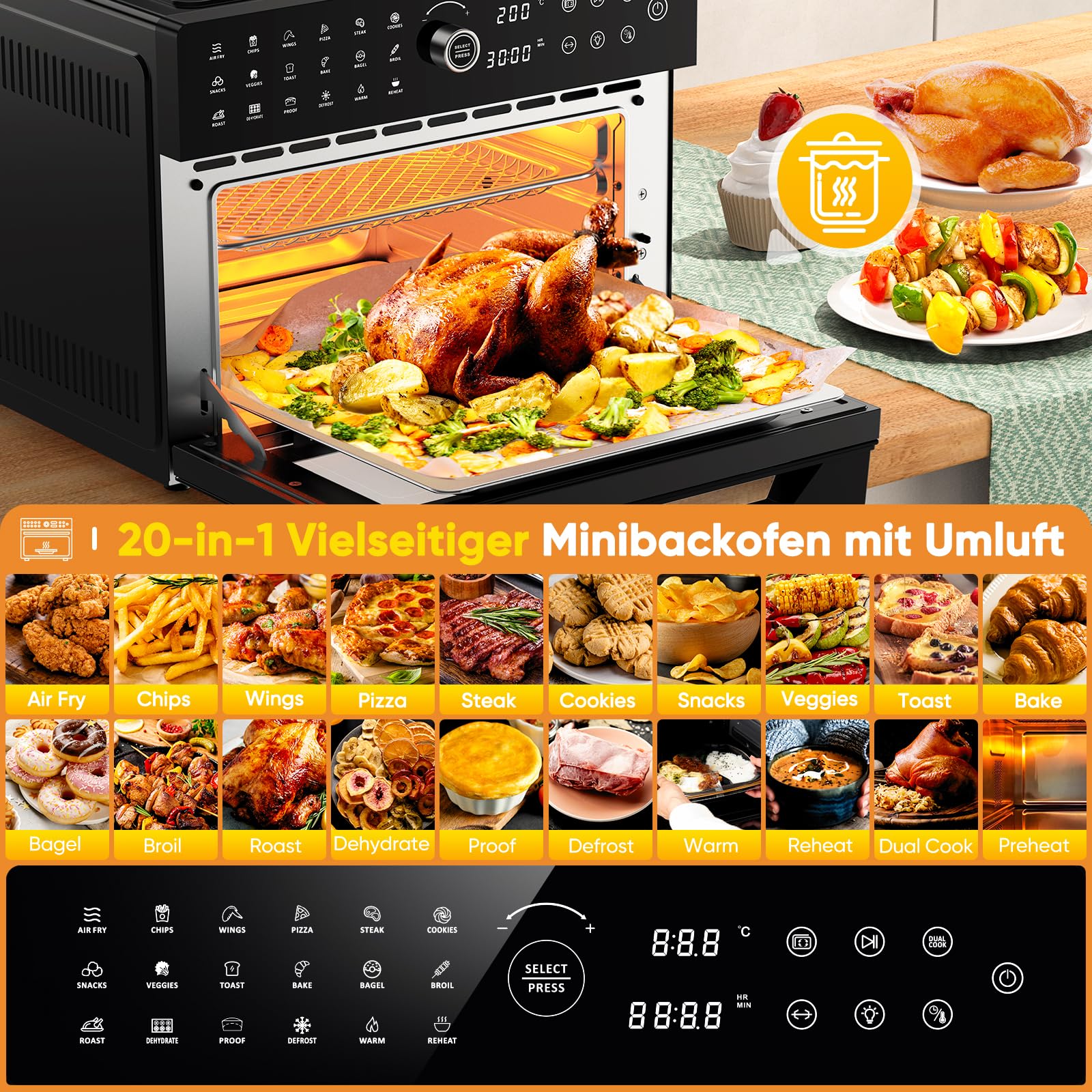 Heißluftfritteuse XXL 30L mit Umluft, 20 Programme, inkl. Zubehör
