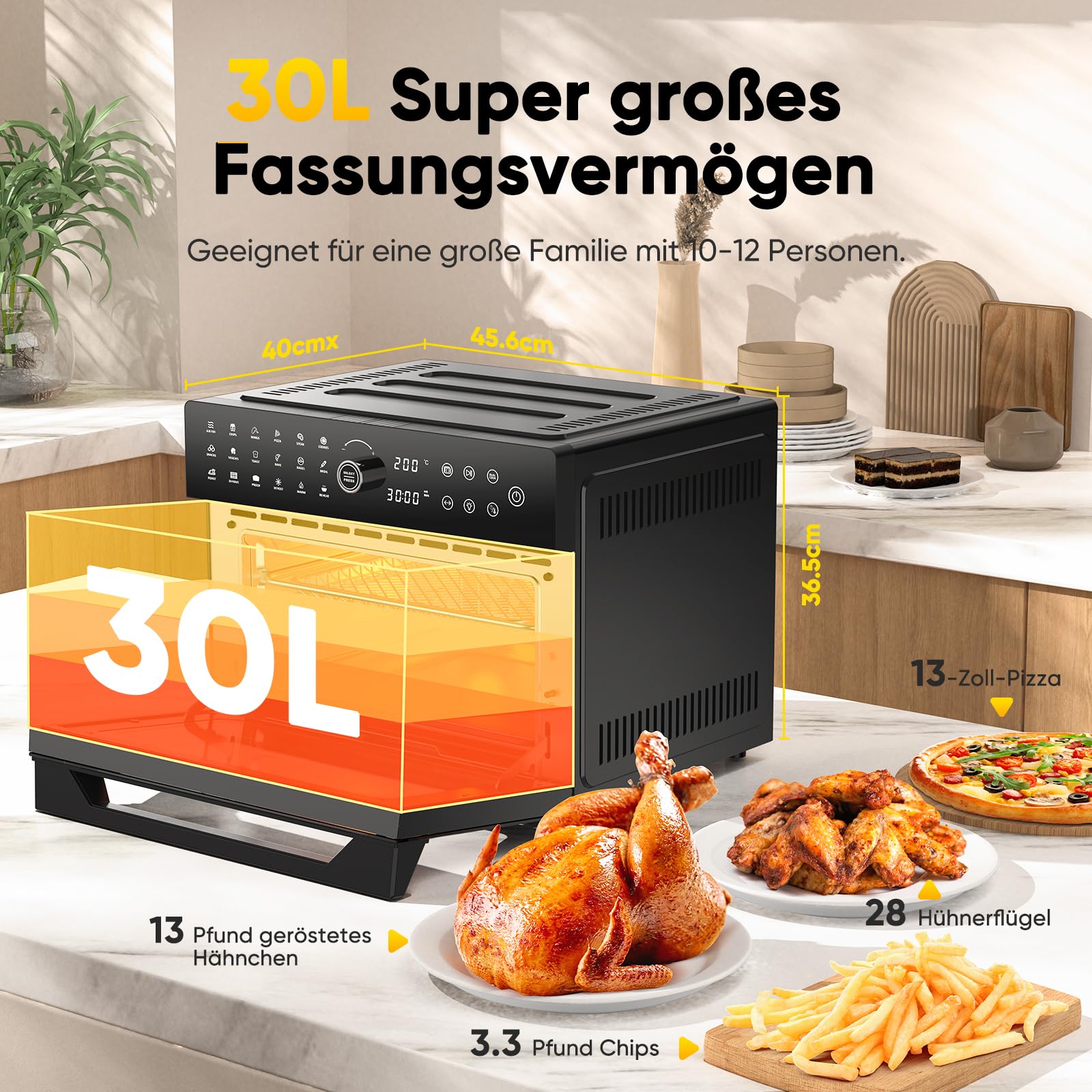 Heißluftfritteuse XXL 30L mit Umluft, 20 Programme, inkl. Zubehör