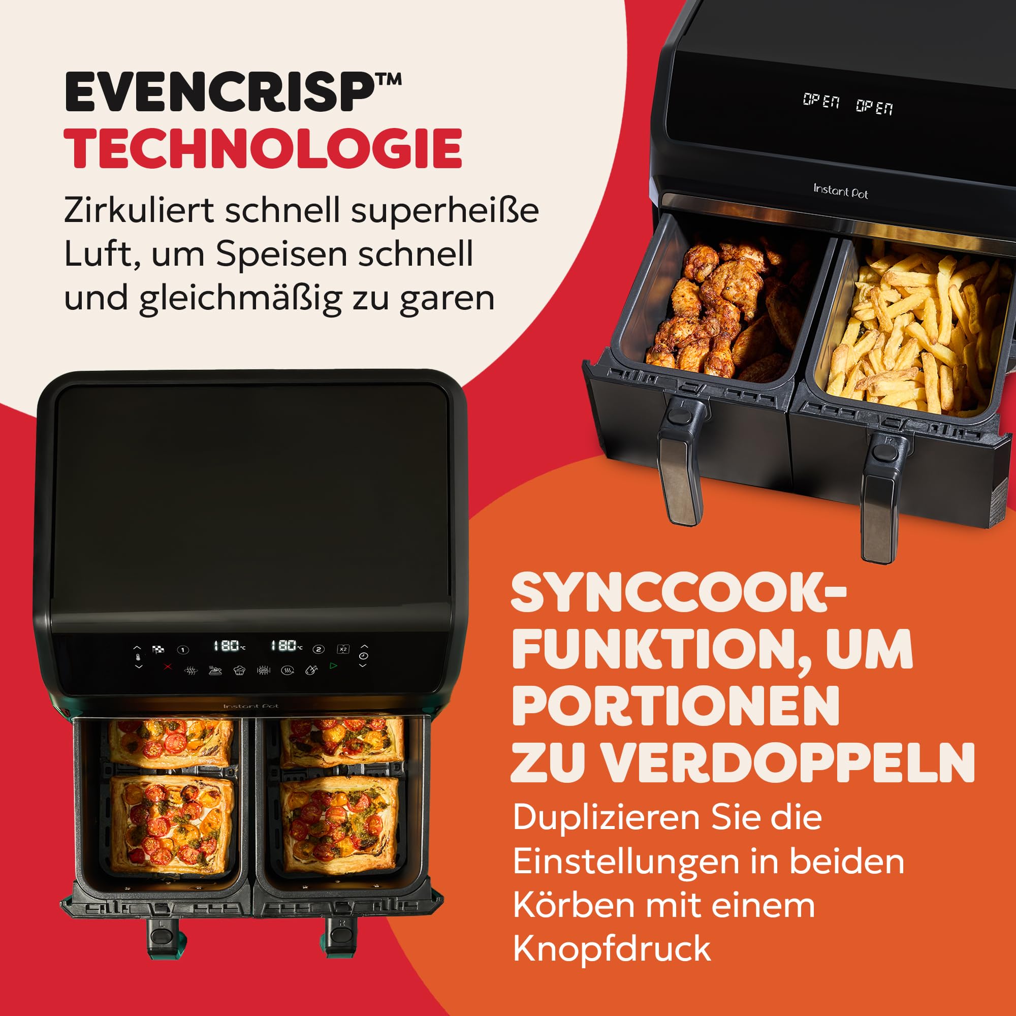 Instant Pot Vortex Dual Heißluftfritteuse, 8L, 2x 4L Körbe, 8-in-1, Familiengröße