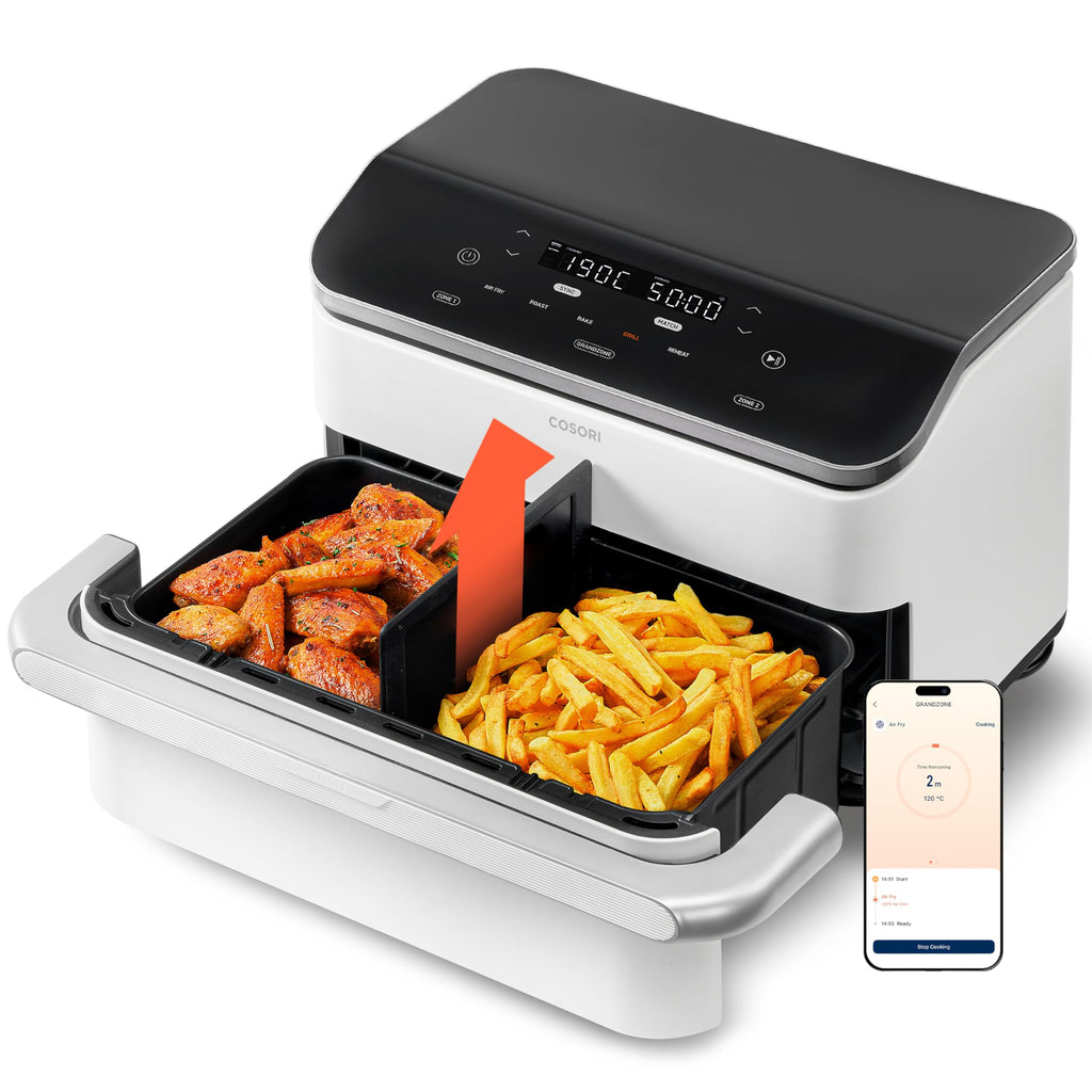 COSORI Dual Blaze Heißluftfritteuse, 2 Kammern, 10L, 4 Heizstäbe, Cremeweiß