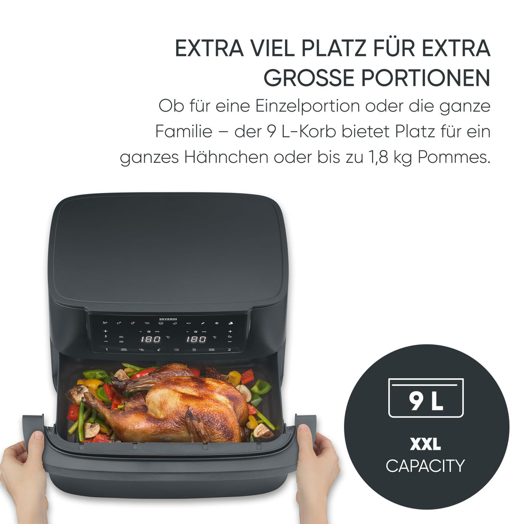 Severin Max Zone Flex Heißluftfritteuse, 9L, 2 Garzonen, 10 Programme, Dörrfunktion, 2600W