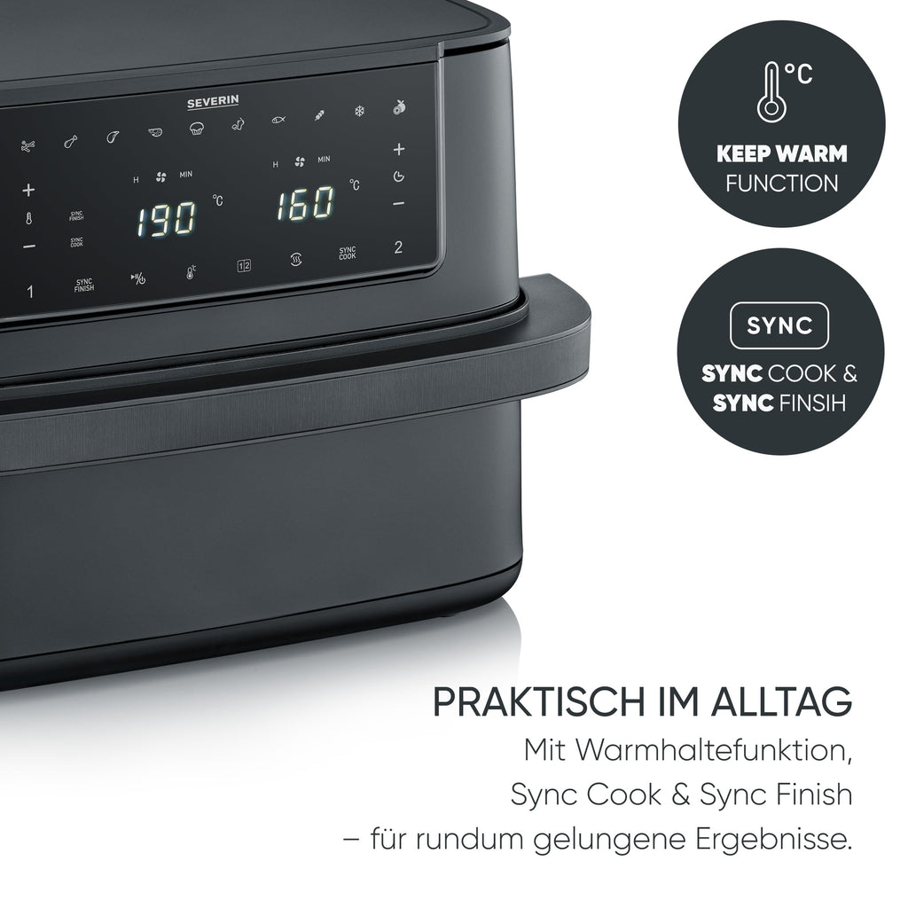 Severin Max Zone Flex Heißluftfritteuse, 9L, 2 Garzonen, 10 Programme, Dörrfunktion, 2600W