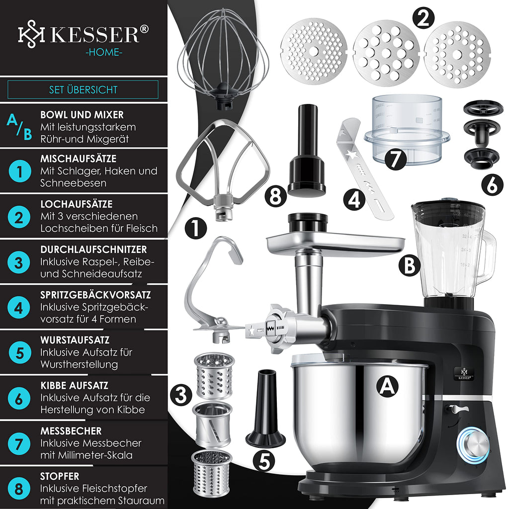 KESSER 3-in-1 Küchenmaschine, 5,5L, mit Fleischwolf & Entsafter, Pastaformen, Zubehör-Set