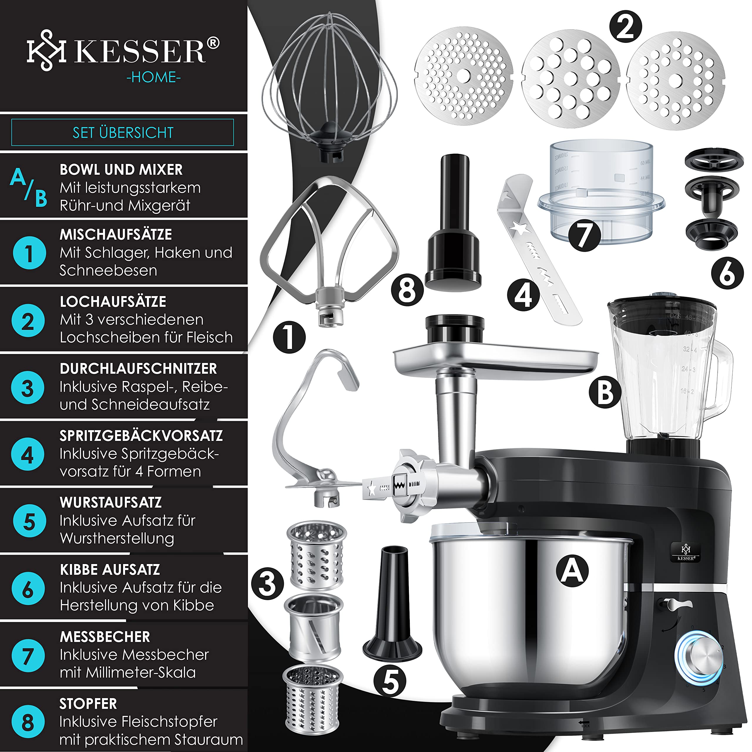 KESSER 3-in-1 Küchenmaschine, 5,5L, mit Fleischwolf & Entsafter, Pastaformen, Zubehör-Set
