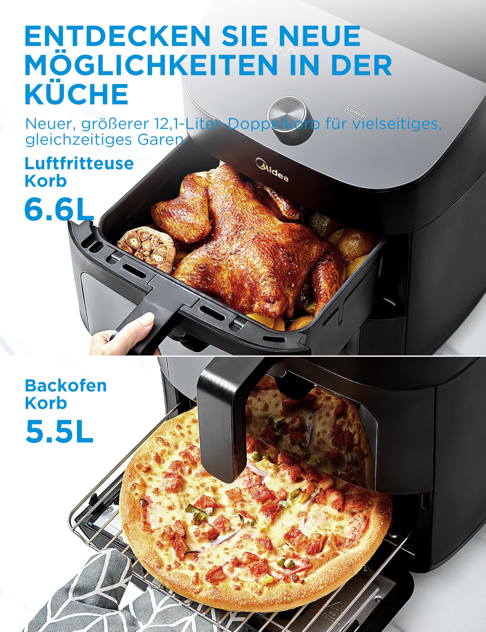 Midea Double Stack Heißluftfritteuse, 11L, WLAN & Alexa, 10-in-1, platzsparend, 2400W